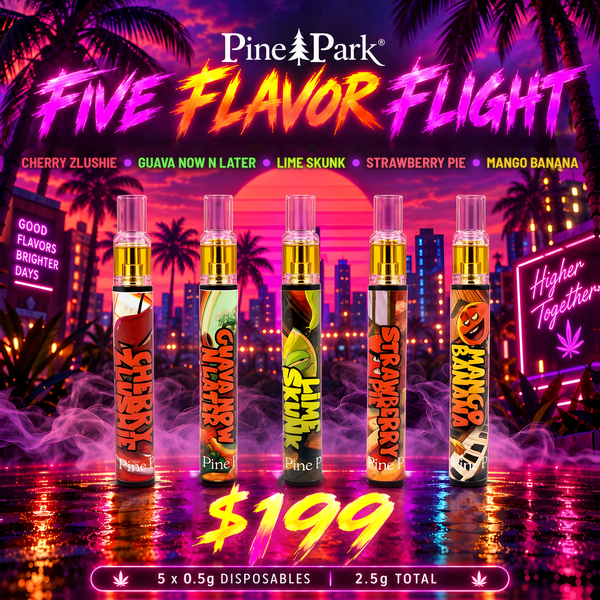 Five Flavor Flight: 5 x 0.5g Disposable Bundle by Pine Park. All five Live Rosin Disposables: Cherry Zlushie, Guava Now N Later, Lime Skunk, Strawberry Pie, Mango Banana. 5 x 0.5g disposables, 2.5g total, $199.