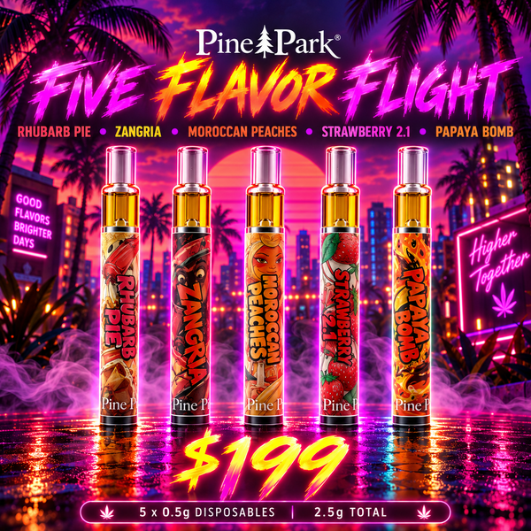 Five Flavor Flight — Rhubarb Pie, Zangria, Moroccan Peaches, Strawberry 2.1, Papaya Bomb 0.5g disposables