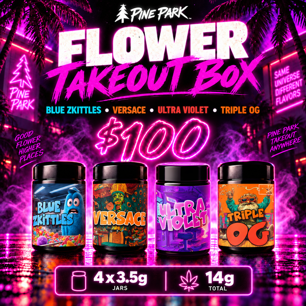 Flower Takeout Box: Curated Half Ounce by Pine Park. Four 3.5g jars of Classic THCa Flower: Blue Zkittles, Versace, Ultra Violet, Triple OG. 4 x 3.5g, 14g total, $100.