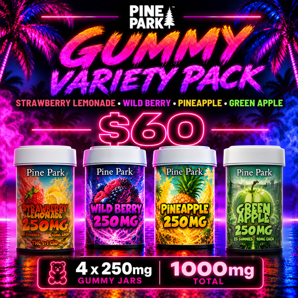 Gummy Variety Pack: 1,000mg Bundle by Pine Park. Four 250mg gummy jars: Strawberry Lemonade, Wild Berry, Pineapple, Green Apple. 4 x 250mg gummy jars, 1000mg total, $60.